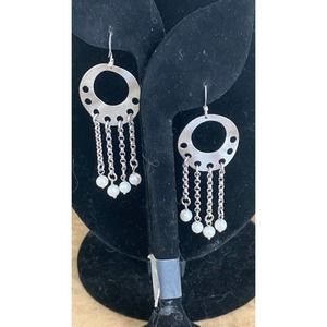 Genuine Pearl Brushed Silver Tone Dangle/Drop Earrings.